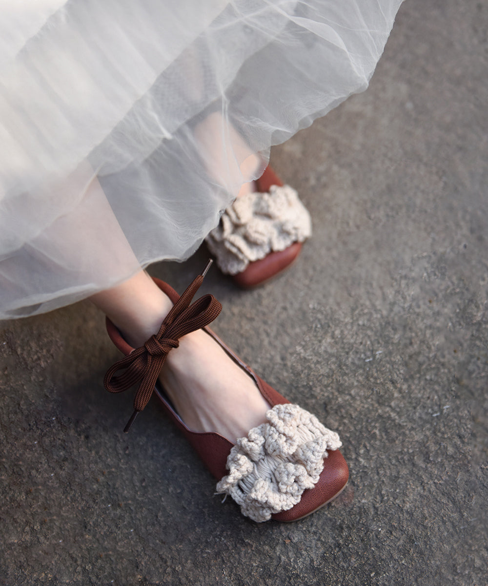 2025 New Floral Splicing Flat Shoes Caramel Sheepskin Lace Up