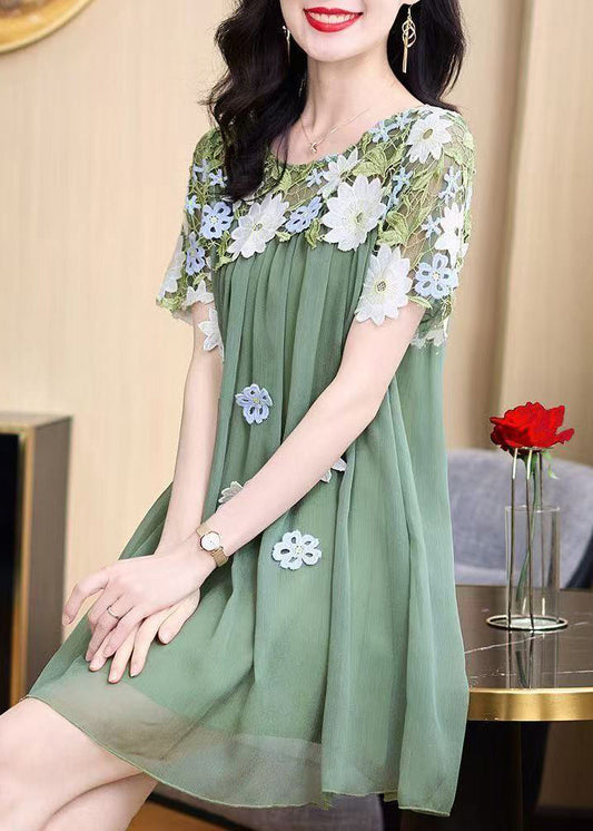 2025 New Flower Decorated Lace Splicing Chiffon Dress Summer