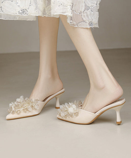 2025 New French Apricot Satin Zircon High Heels Slide Sandals