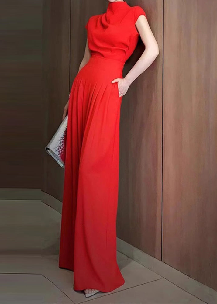2025 New Red Turtleneck Top And Wide Leg Pants Two Pieces Set Short Sleeve