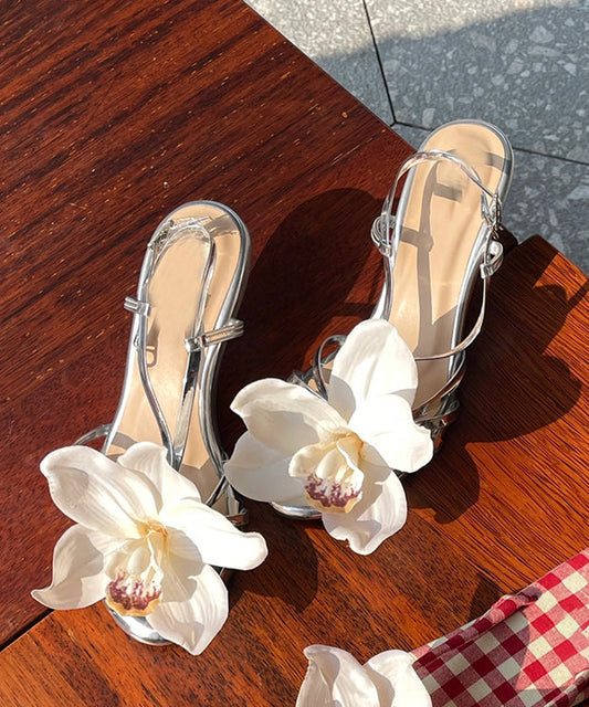 2025 New Silver Flower Open Toed Buckle High Heeled Sandals