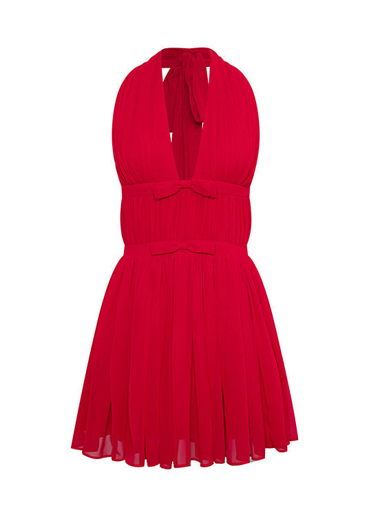 2025 Summer New Chiffon Halter Vneck Bow Red Dresses
