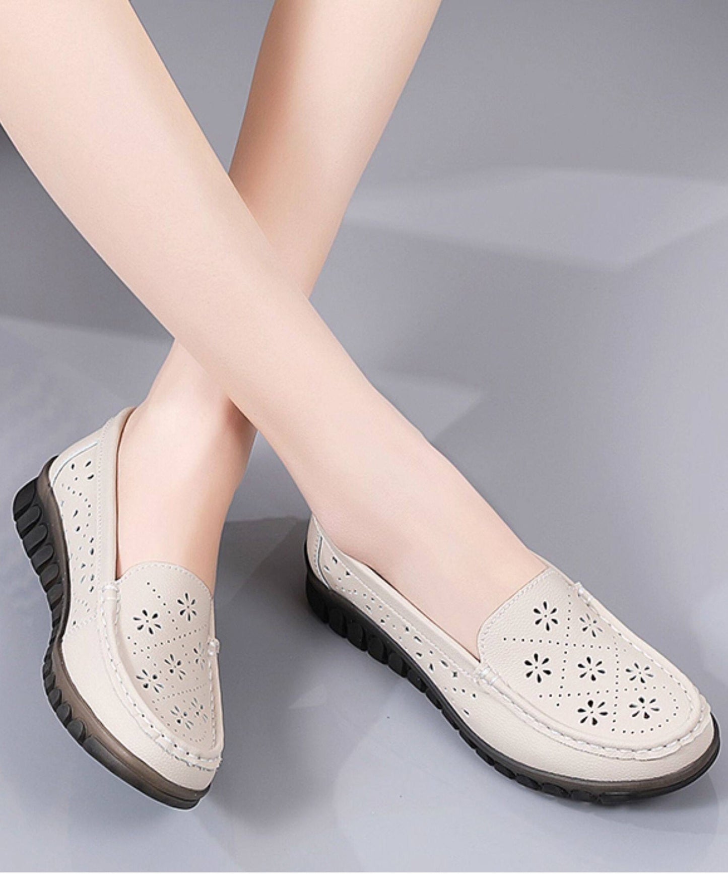 2026 Hollow Out Flat Feet Shoes Beige Cowhide Leather