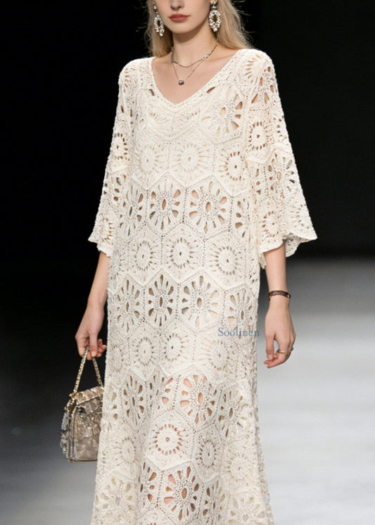 2026 New Apricot V Neck Hollow Out Knit Long Dress Summer