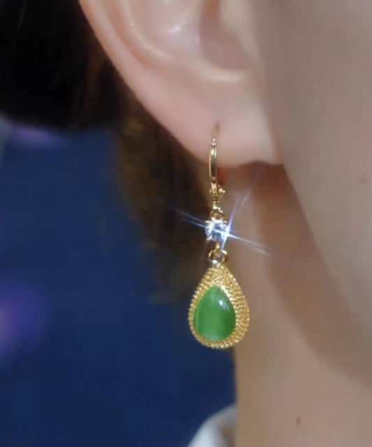 2026 New Green Sterling Silver Overgild Zircon Jade Durian Drop Earrings