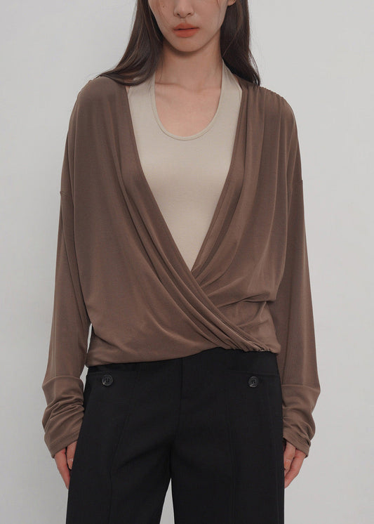 2026 New Grey Fake Two-Piece Spliced Neck Hanging Long Sleeved T-Shirt Top