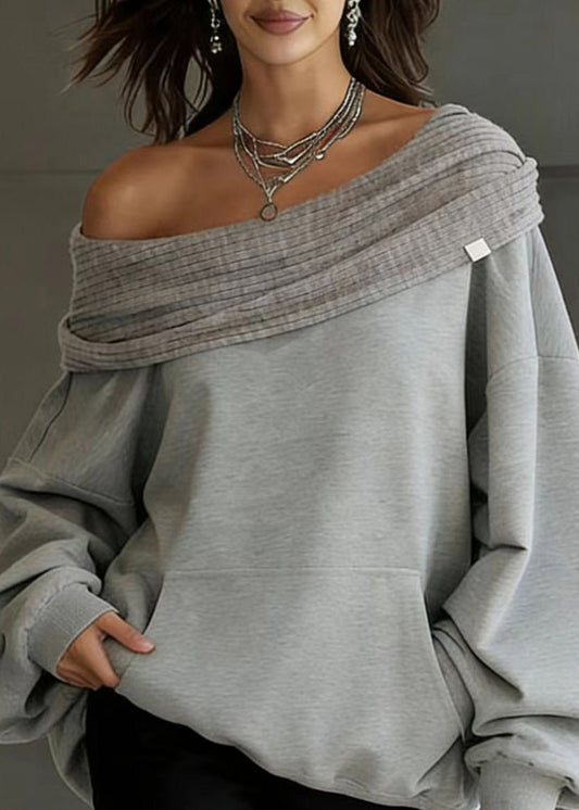 2026 New Grey Slash Neck Hooded Pullover Streetwear Spring