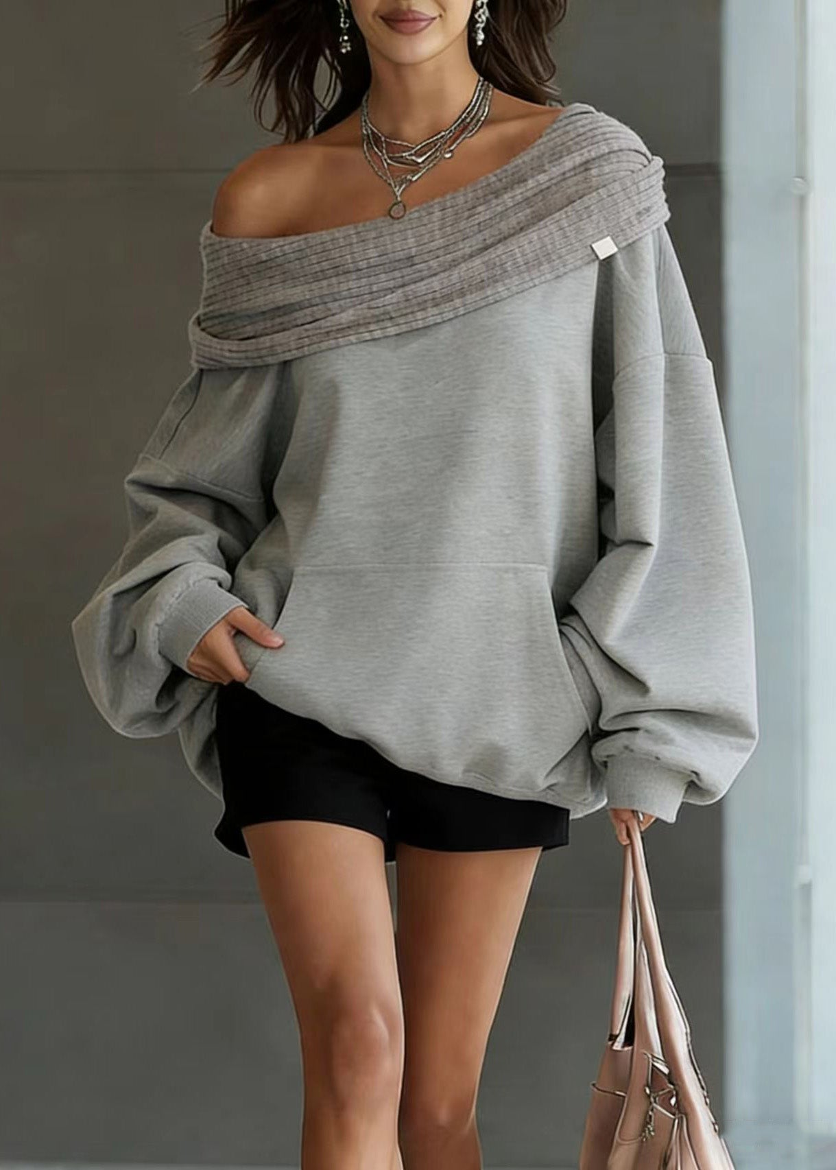 2026 New Grey Slash Neck Hooded Pullover Streetwear Spring