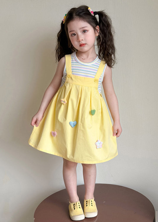 2026 New Yellow Patchwork Kids Top And Long Dress Two Pieces Set Sleeveless