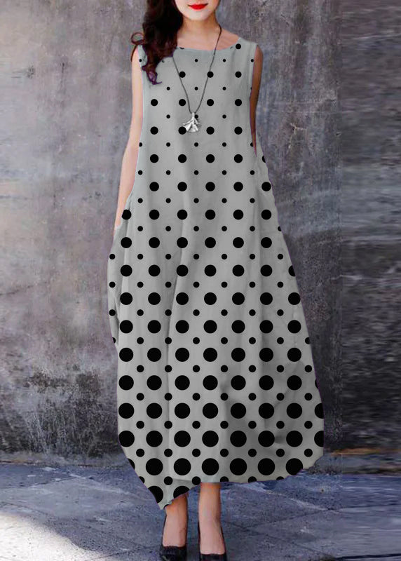 Bohemian Schwarz polka dots O-Ausschnitt Extra Großer Saum Baumwolle Kleider Ärmellos
