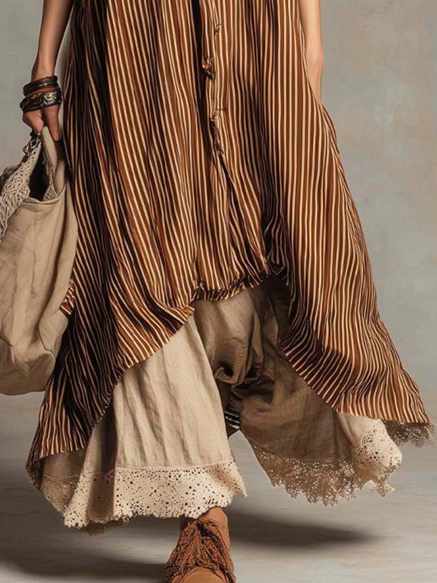 Bohemian Casual Striped Midi Dress With Linen Patchwork Hem.