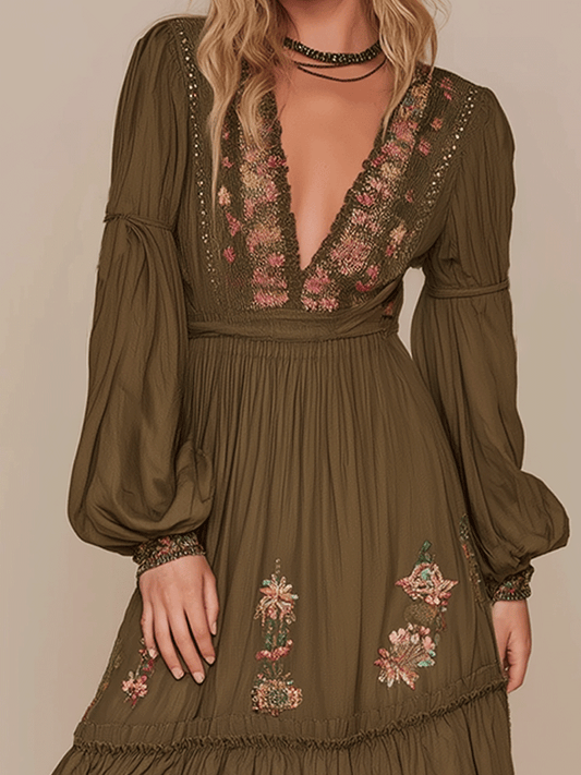 Elegance Floral Romance Olive Boho Maxi Dress