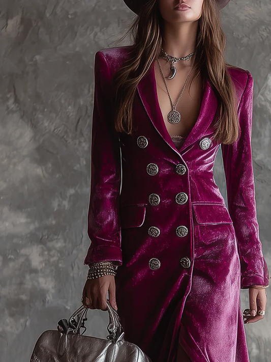 Vintage Button-Up Velvet Long Blazer Dress