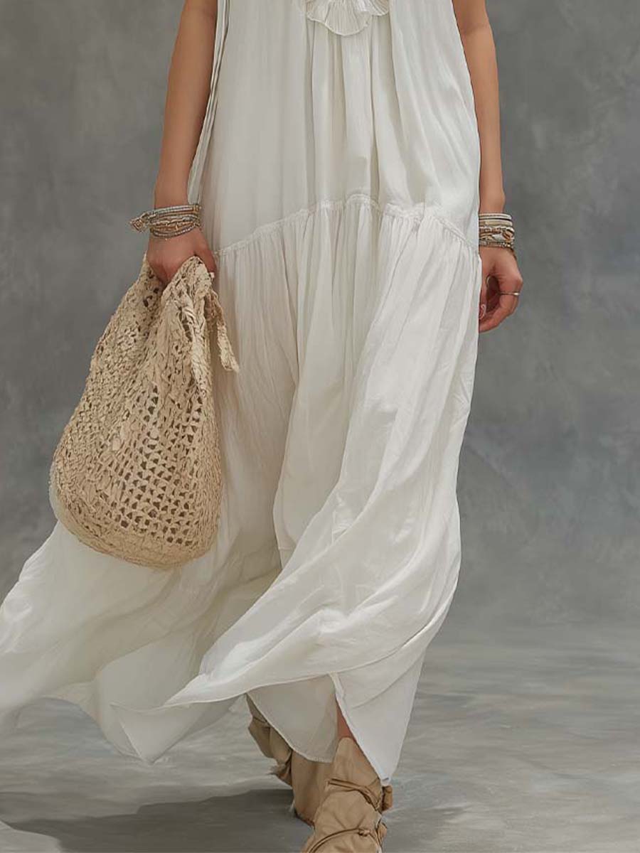 Boho Vintage White Embroidered Maxi Dress
