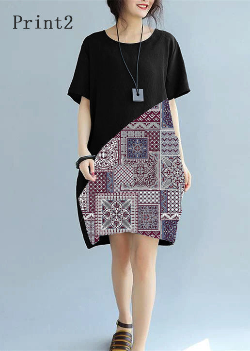feines schwarzes Patchwork-Leinen-Etuikleid Locker sitzendes Baumwollkleid Elegante kurzärmelige Kniekleider mit Wildprint