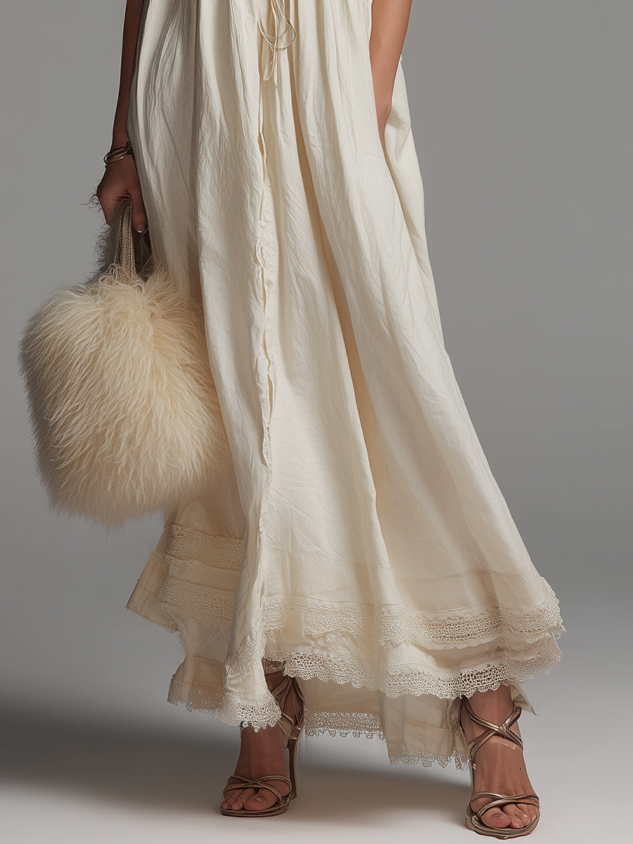 Bohemian Cotton Maxi Dress With Keyhole Neckline And Lace Trim