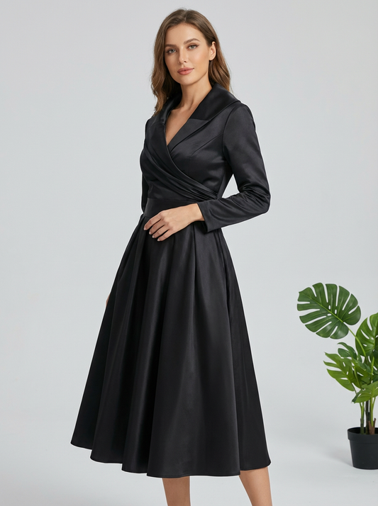 Inspired Satin Midi Dress With Draped Collar