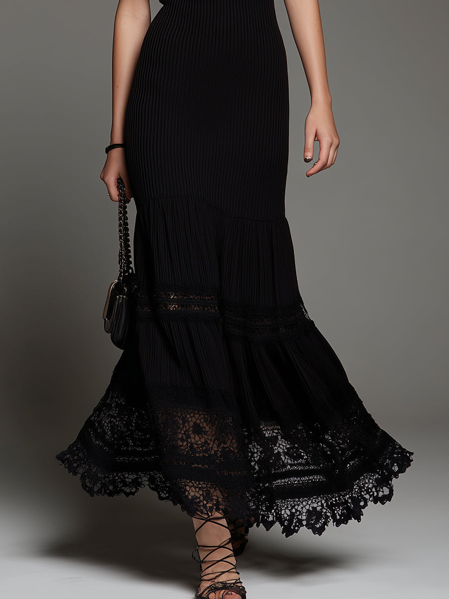 Vintage Ribbed Lace Patchwork Sleeveless Slim-fit Maxi Dress