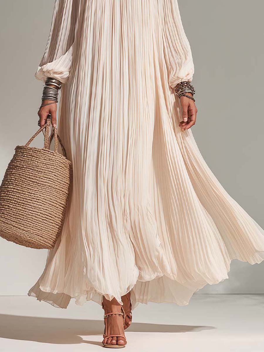Bohemian Resort Pleated Ivory Off-Shoulder Maxi Dress