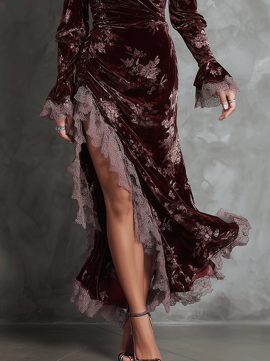 Elegant Burgundy Velvet Wrap Lace Trim Slit Maxi Dress