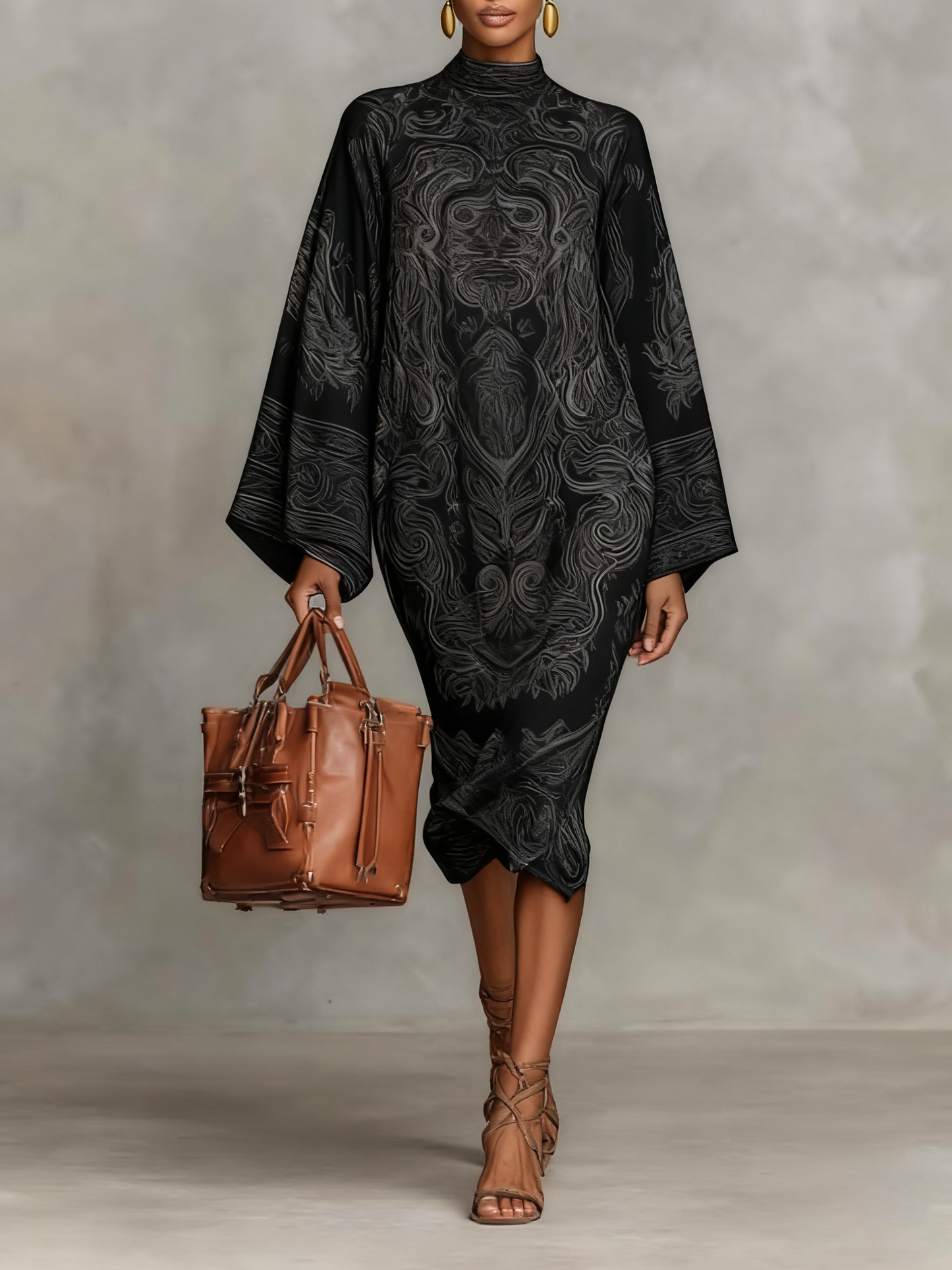 Women's Paisley Print Crew Neck Flared Long Sleeve Loose Medium Dress