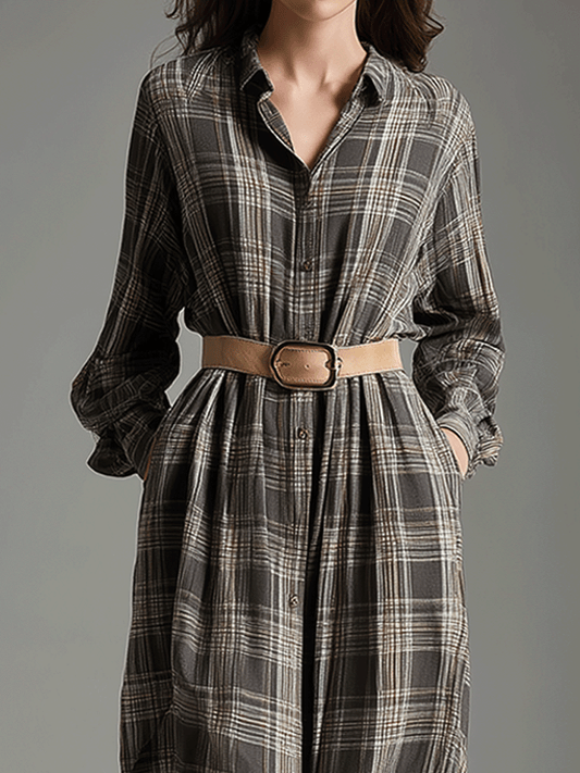 Vintage-Style Gray Plaid Maxi Dress