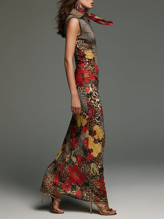 Bohemian Leopard Print Floral Stand-collar Slim-fit Maxi Dress