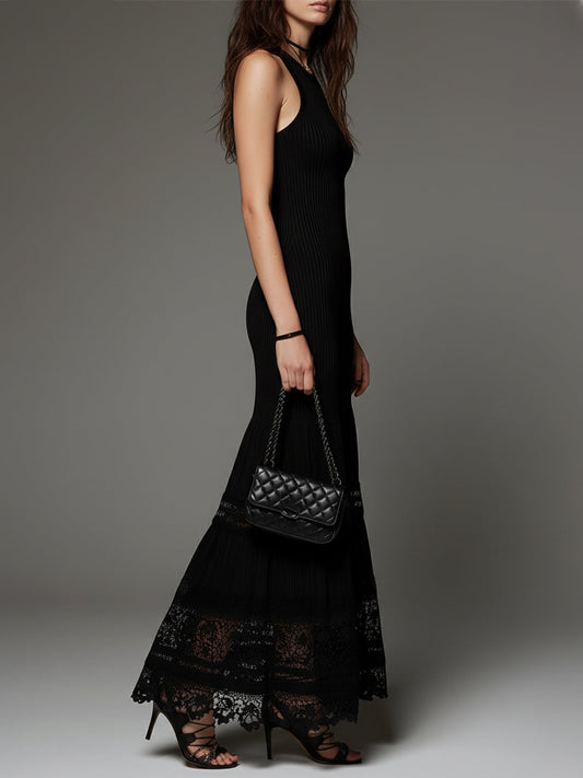 Vintage Ribbed Lace Patchwork Sleeveless Slim-fit Maxi Dress