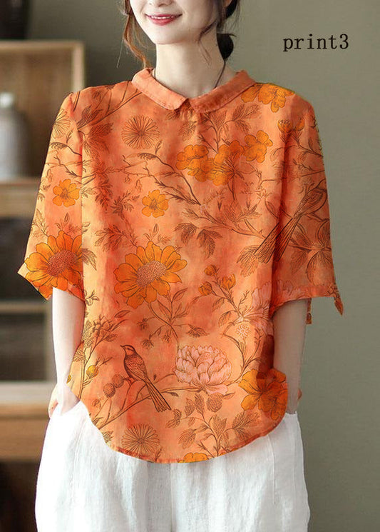 DIY Orange Print4 Ramie Halbarm Shirt Sommer