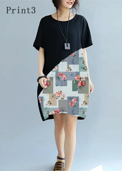 feines schwarzes Patchwork-Leinen-Etuikleid Locker sitzendes Baumwollkleid Elegante kurzärmelige Kniekleider mit Wildprint