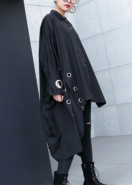 Vintage schwarzer Midi-Baumwollpullover Plus Size Reisebluse Vintage Hollow Outlow High Design Baumwollblusen