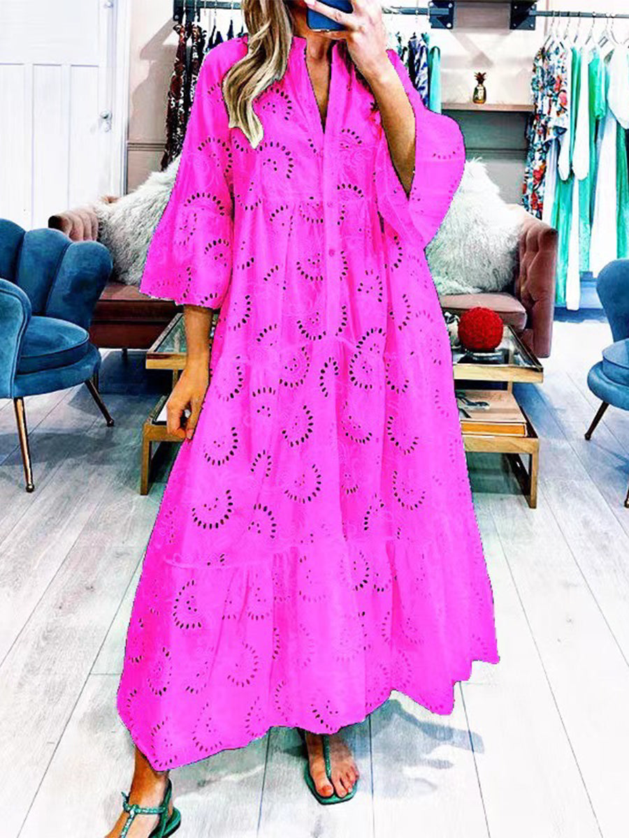 Lace Hollow V-Neck Trumpet Sleeve Dress