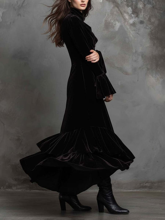 Black Velvet High-Neck Asymmetric Maxi Dress