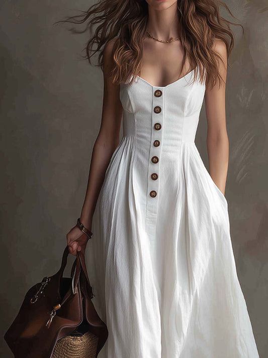 Vintage Pleated Waist Cotton Linen Maxi Dress