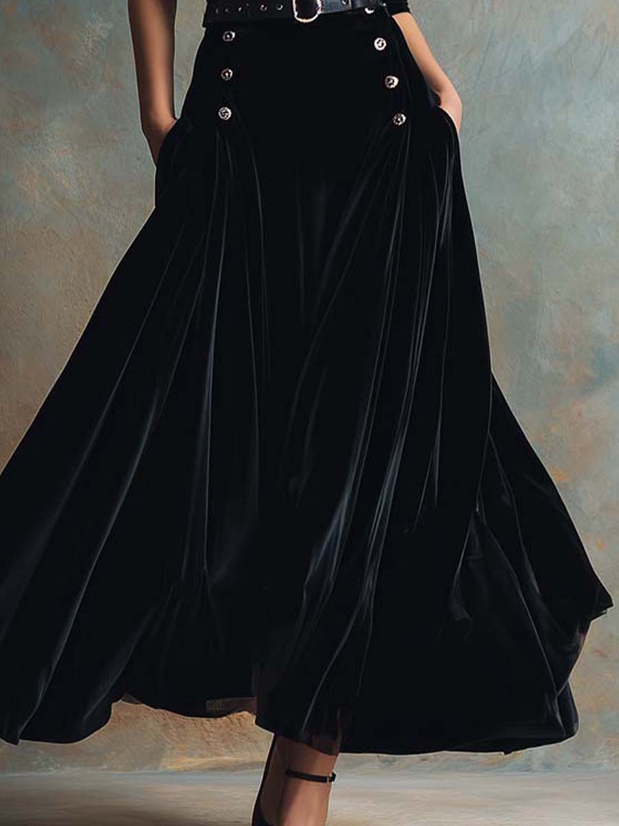 Black Velvet Maxi Dress With Belt And Double-Breasted Detail