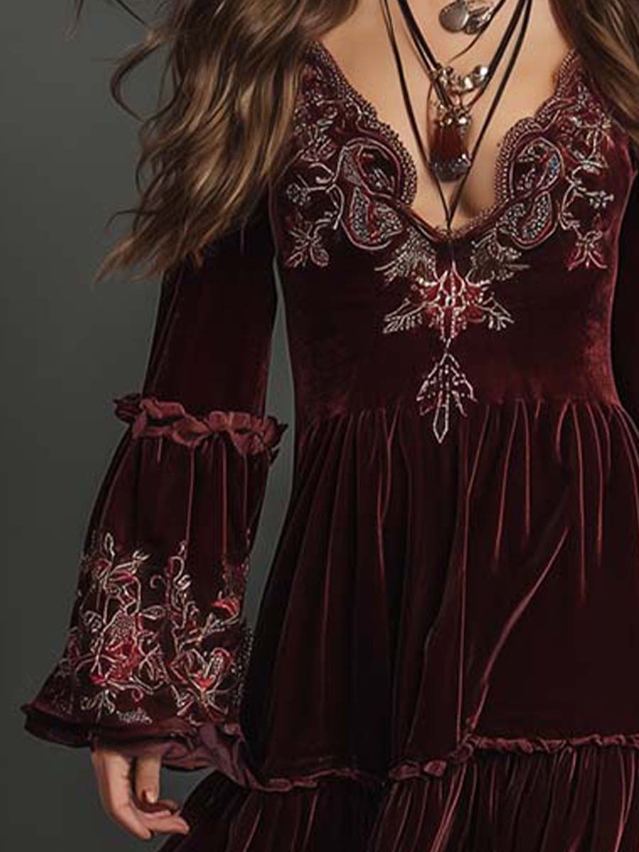 Velvet Bohemian Embroidered Maxi Dress