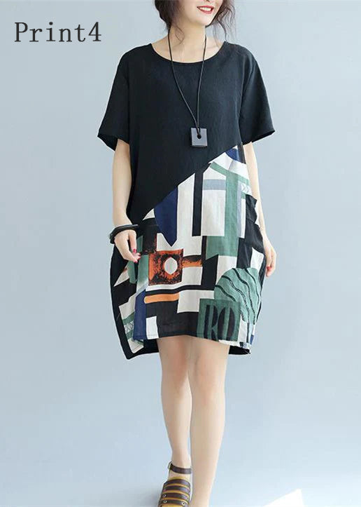 feines schwarzes Patchwork-Leinen-Etuikleid Locker sitzendes Baumwollkleid Elegante kurzärmelige Kniekleider mit Wildprint