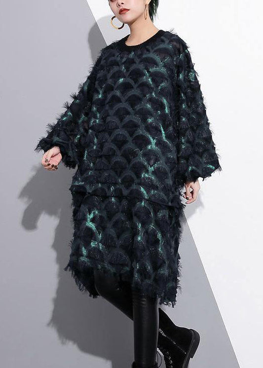 2018 grünes Midi-Kleid aus Seidenpolyester Locker sitzendes Hemdkleid Neue Kleider mit langen Ärmeln und Quaste