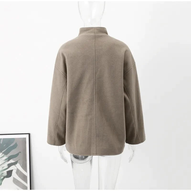 Stand-collar double-breasted loose-fit cropped casual jacket