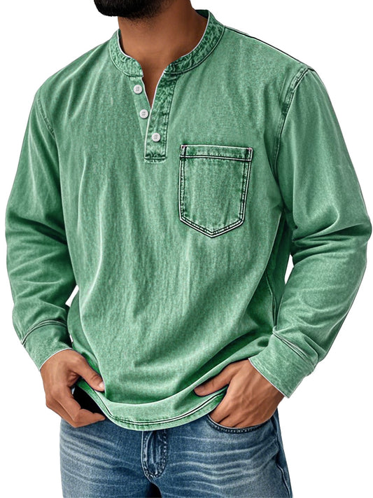 Men's Retro Stand Collar Pocket Casual Distressed Long Sleeve Henley Shirt