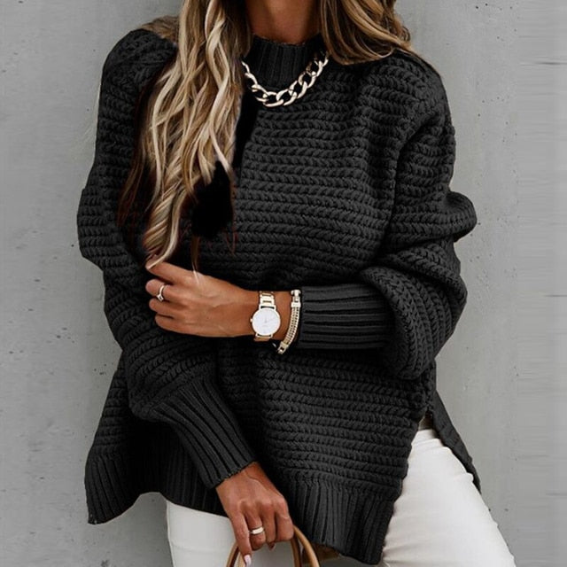 High-Neck Chunky Knit Oversized Sweater with Side Slit