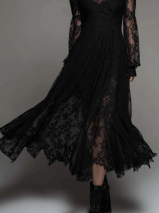 Gothic Elegance Black Victorian Lace Maxi Dress