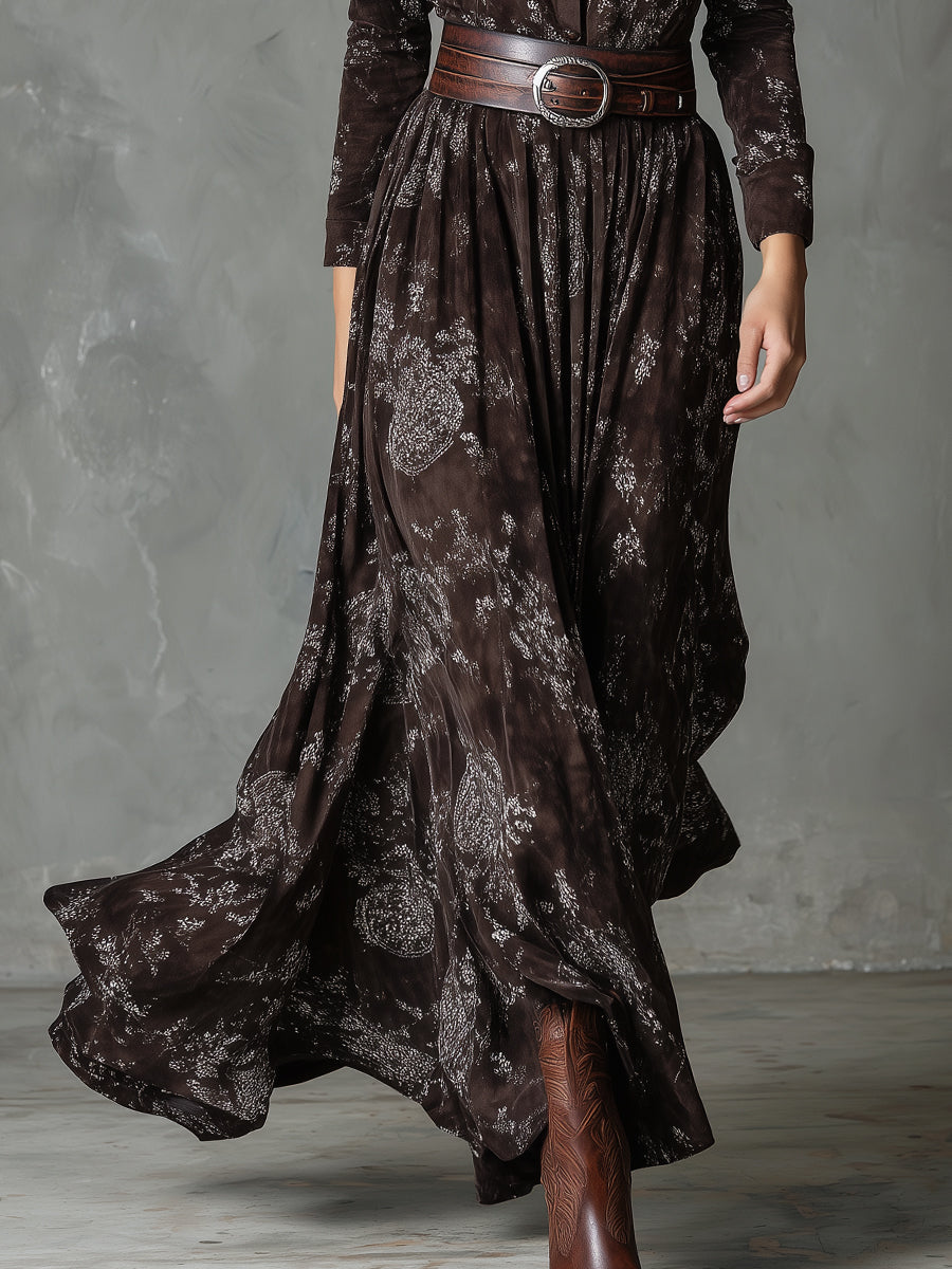 Bohemian Suede Shirt Collar Printed Maxi Dress