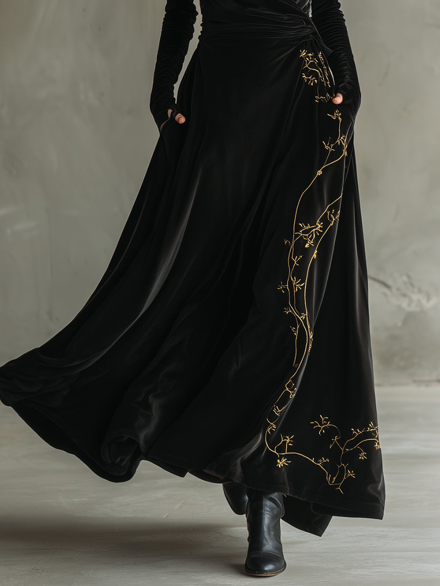 Pile Collar Polyester Velvet Embroidered A Line Maxi Dress