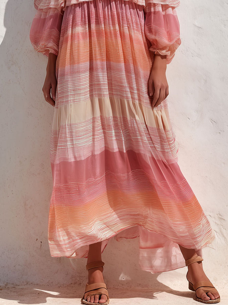 Boho Sunrise Ombre Off-Shoulder Flowing Chiffon Maxi Dress