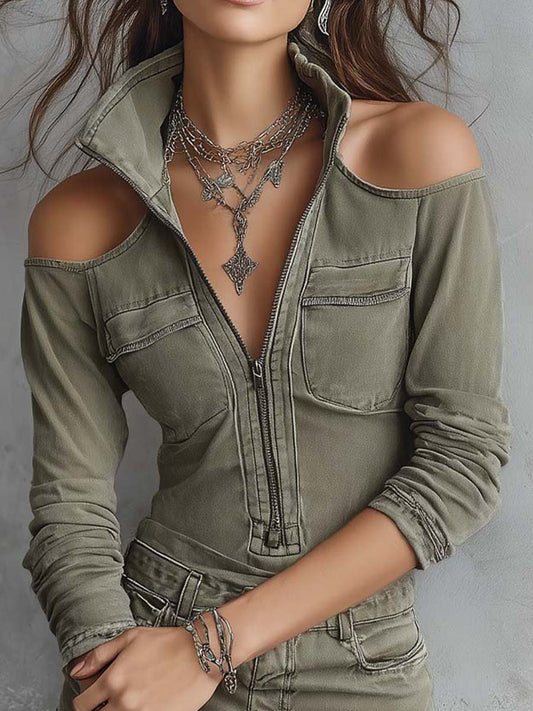 Retro Denim Cold-Shoulder Utility Zip Front Mini Dress