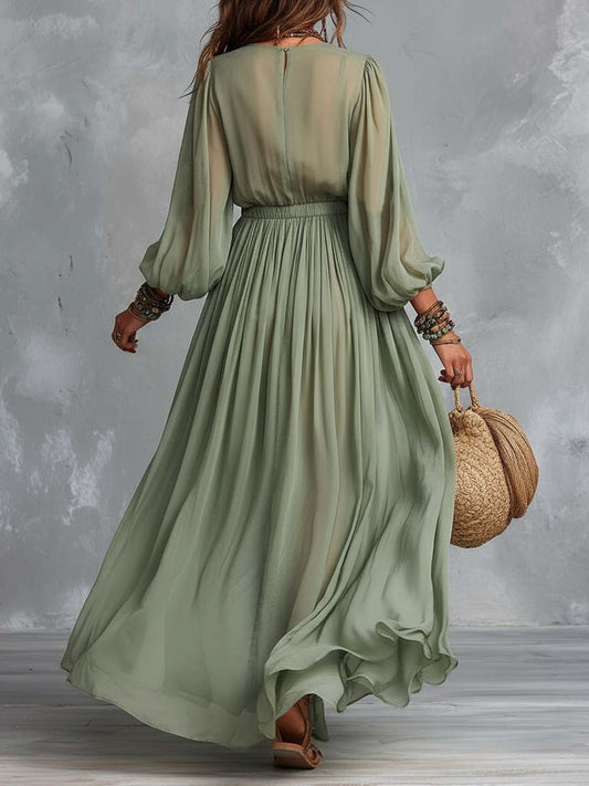 Boho-Vintage Elegant Embroidered Chiffon Maxi Dress