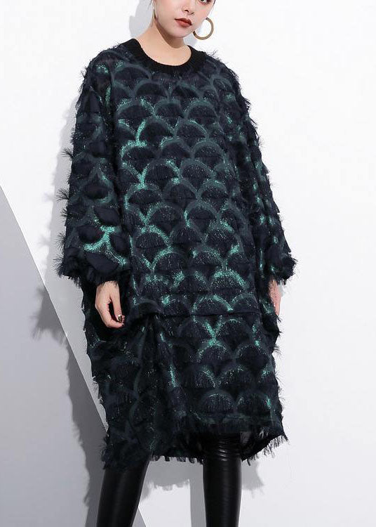 2018 grünes Midi-Kleid aus Seidenpolyester Locker sitzendes Hemdkleid Neue Kleider mit langen Ärmeln und Quaste