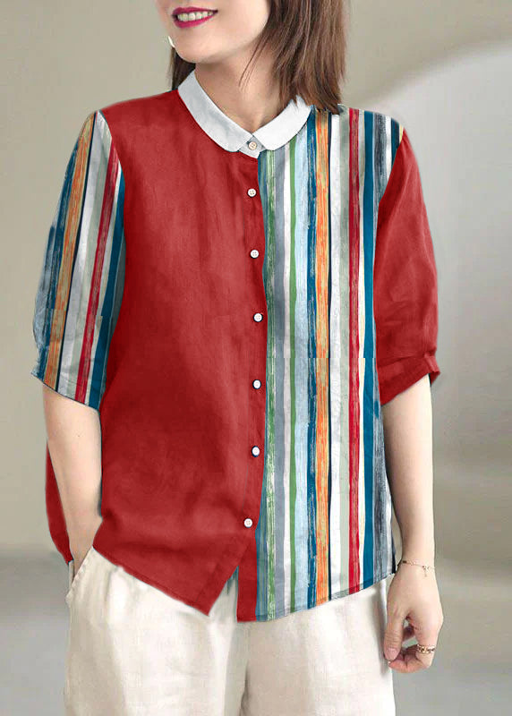 Schöne rot gestreifte Peter Pan Kragen Knopf lose Herbst Halbarm Shirt Tops