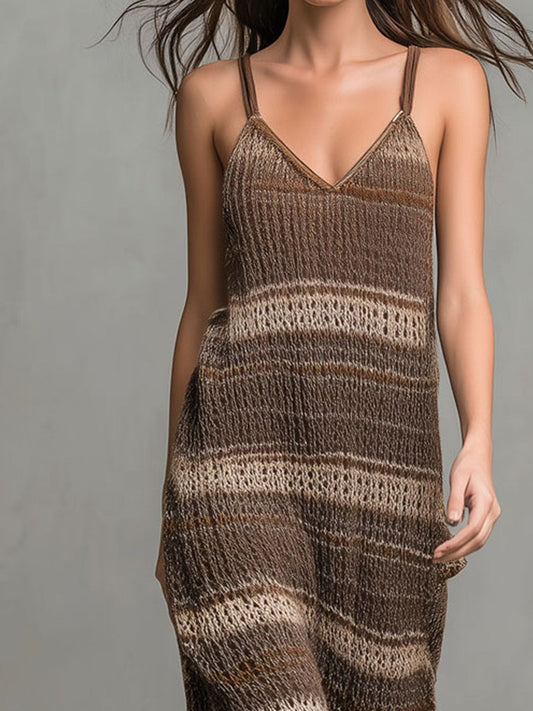 Relaxed-Fit Earth-Tone Striped Knit Maxi Dress